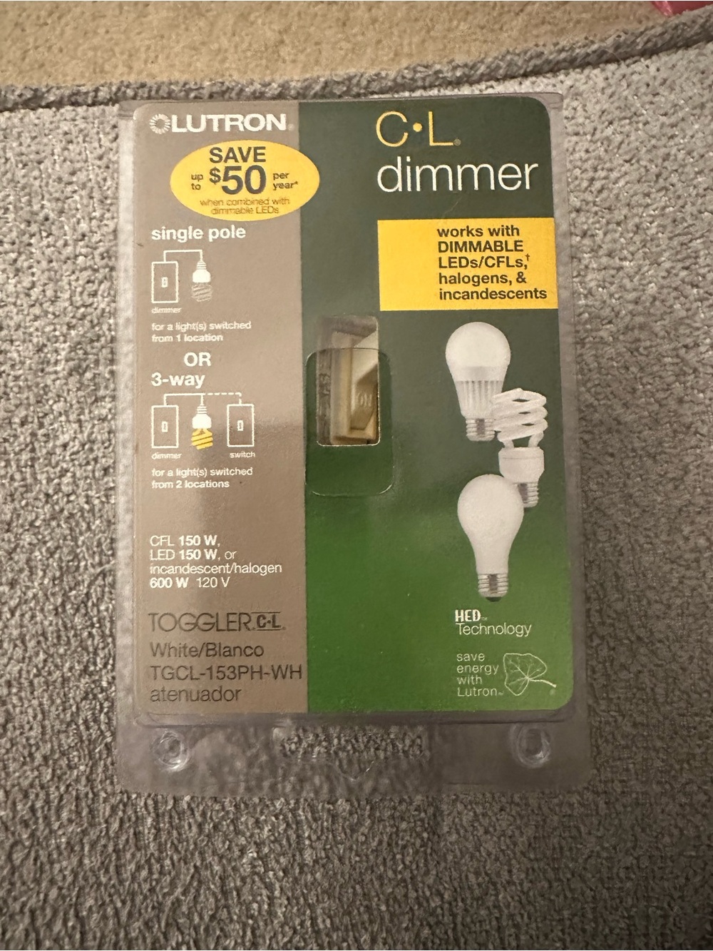 LUTRON CL Dimmer White Single Pole or 3 Way NEW and Sealed Model# TGCL-153PH-WHB